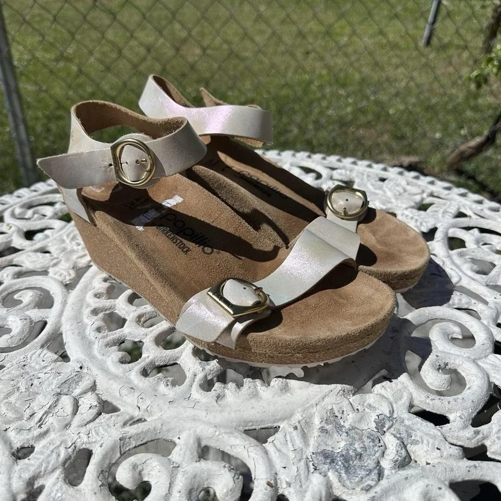 Papillio by Birkenstock Soley Leathe Wedge Sandals Metallic Gold US 10/ EU 41